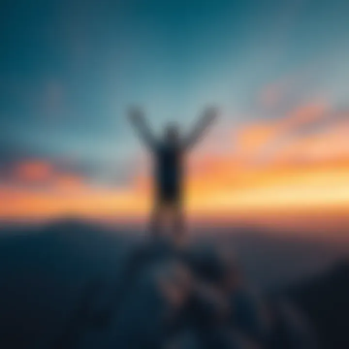 A person standing on a mountain peak with arms raised in triumph, feeling on top of the world.
