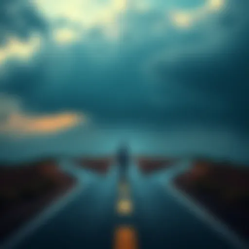 A person standing at a crossroads, looking determined while considering a bold decision to invest everything during tough times.