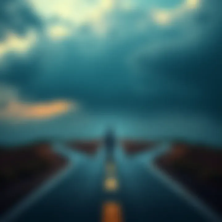 A person standing at a crossroads, looking determined while considering a bold decision to invest everything during tough times.