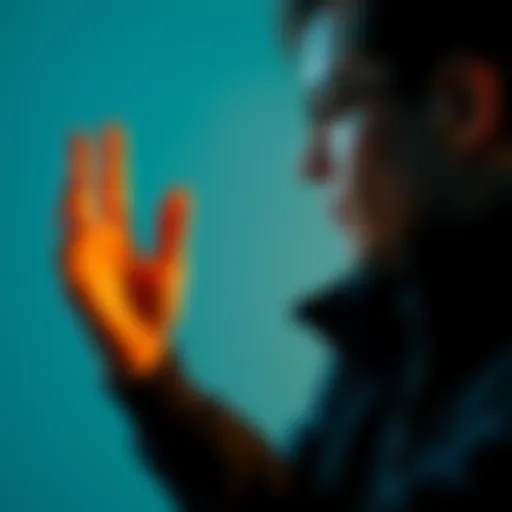 A person engaged in a conversation with their hand, illustrating the concept of verbal interaction with one's body