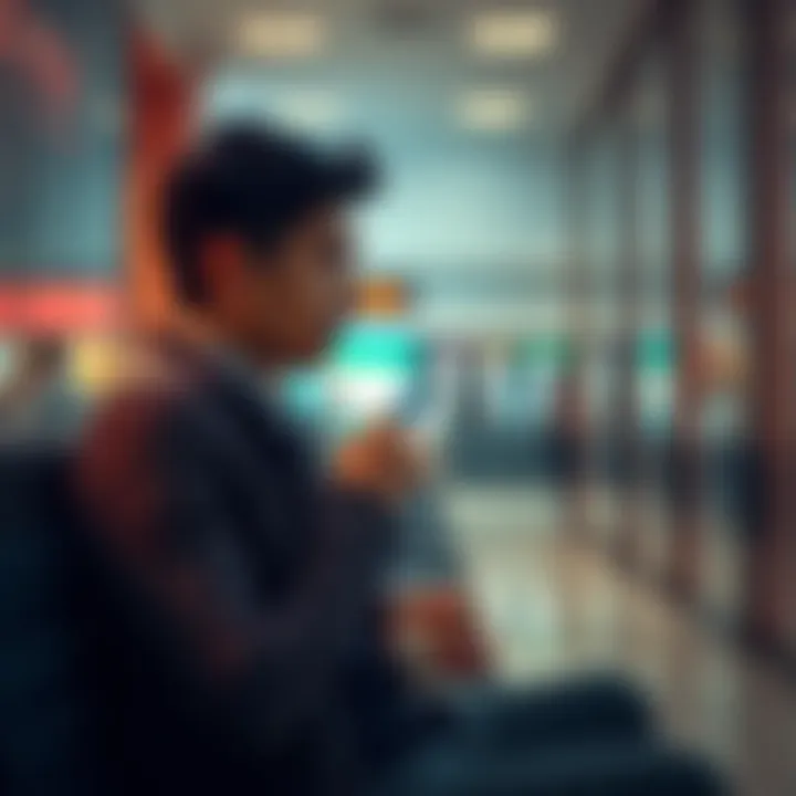 A worried individual looking at their watch while sitting in a bank, indicating frustration after waiting for two days for their financial withdrawal.