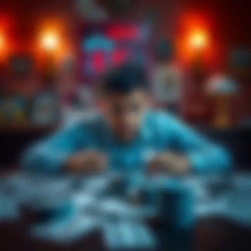 A person sitting at a table with a worried expression, surrounded by playing cards, reflecting on their struggle with card game addiction.