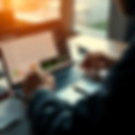 A close-up of a person analyzing fight statistics and data on a laptop, surrounded by notes and betting slips, emphasizing personal research for betting decisions.
