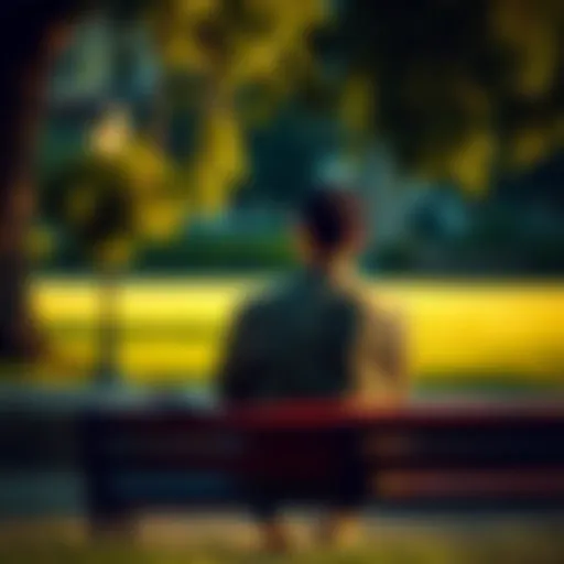 A person reflecting on their life experiences sitting on a bench in a park, looking thoughtful.