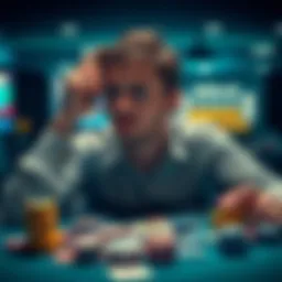 A person reflecting on gambling decisions, showcasing emotions of regret and determination to change, surrounded by playing cards and a poker table.