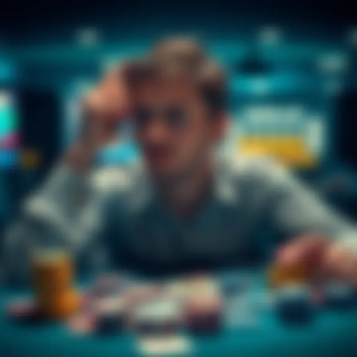 A person reflecting on gambling decisions, showcasing emotions of regret and determination to change, surrounded by playing cards and a poker table.