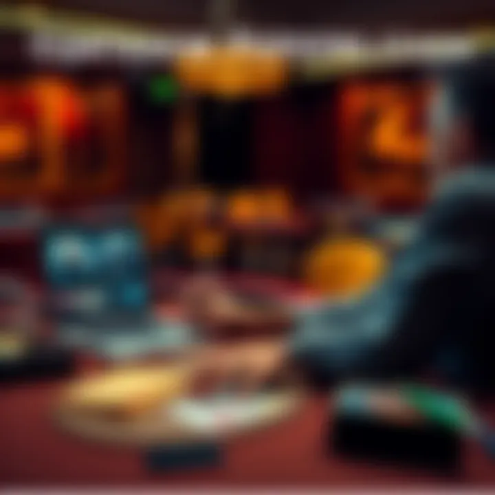 A person engaged in personalized card counting at a gaming table, with notes and a laptop showing video recordings of their gameplay