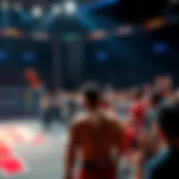 A dynamic scene showcasing fighters preparing for a match at a PFL event with fans cheering in the background.
