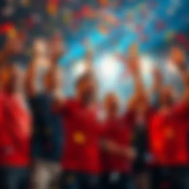 A group of excited team members from PG celebrating a potential win in a competition with confetti in the air