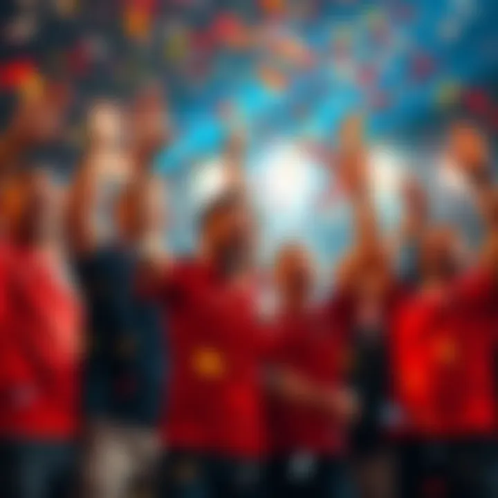 A group of excited team members from PG celebrating a potential win in a competition with confetti in the air