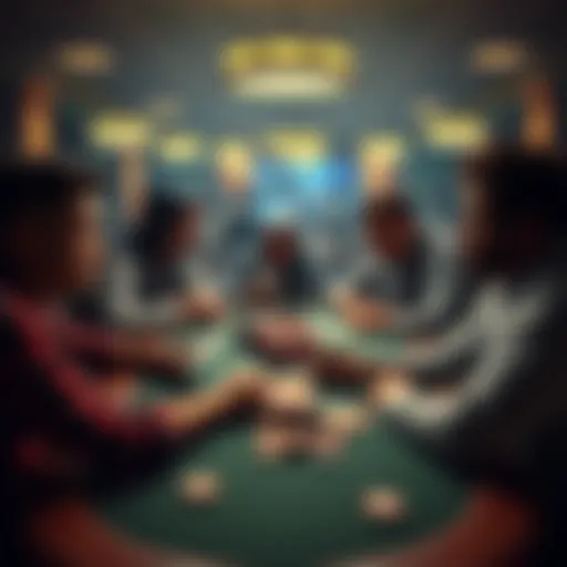 Worried poker players discussing the closure of Phenom around a table with chips and cards