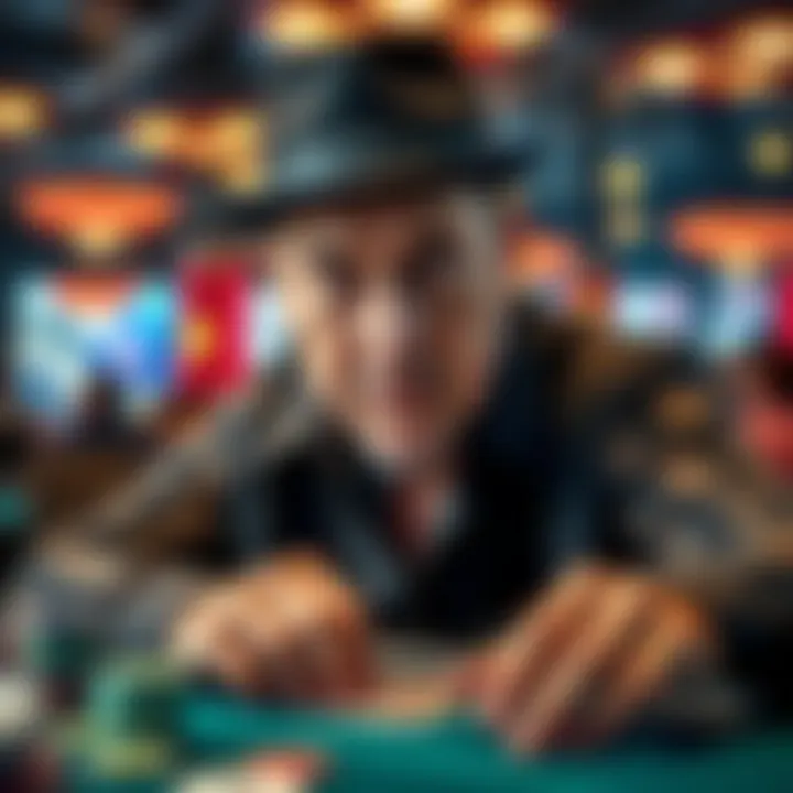 Phil Hellmuth Playing Poker Phil Hellmuth focused on a poker game, surrounded by cards and chips, showing determination