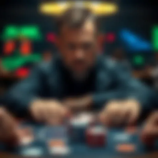 Phil Helmuth playing poker at a table, surrounded by cards and chips, with an intense focus on his face