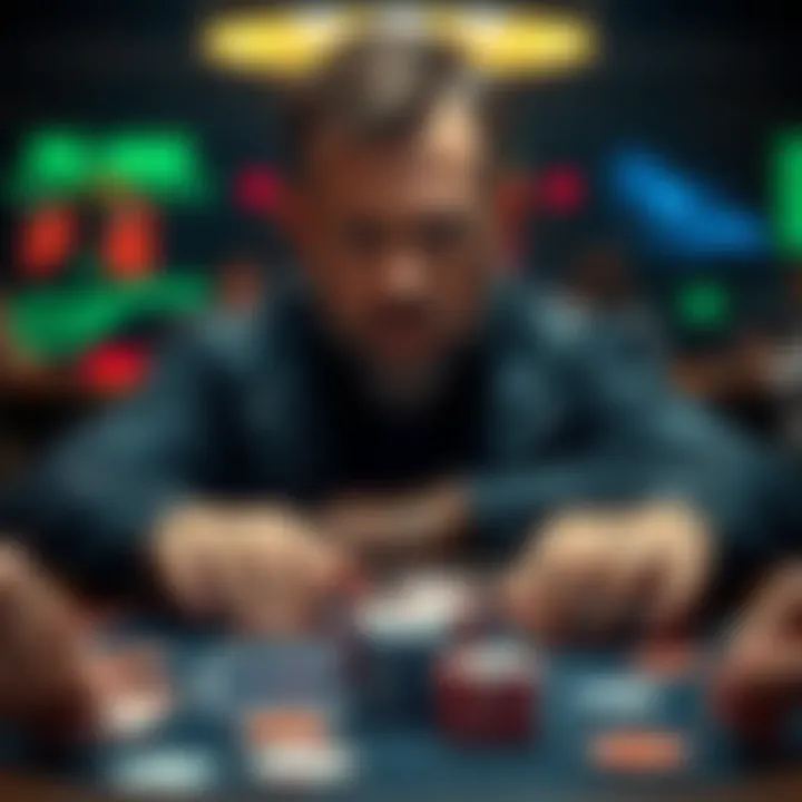 Phil Helmuth playing poker at a table, surrounded by cards and chips, with an intense focus on his face