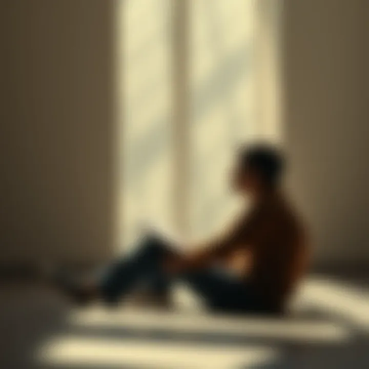A thoughtful person sitting with a notebook, reflecting on quotes, surrounded by a calm environment with soft light.