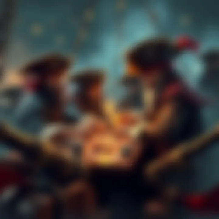 A group of pirates engaged in a high-stakes poker game, surrounded by treasure and cannons ready to fire.