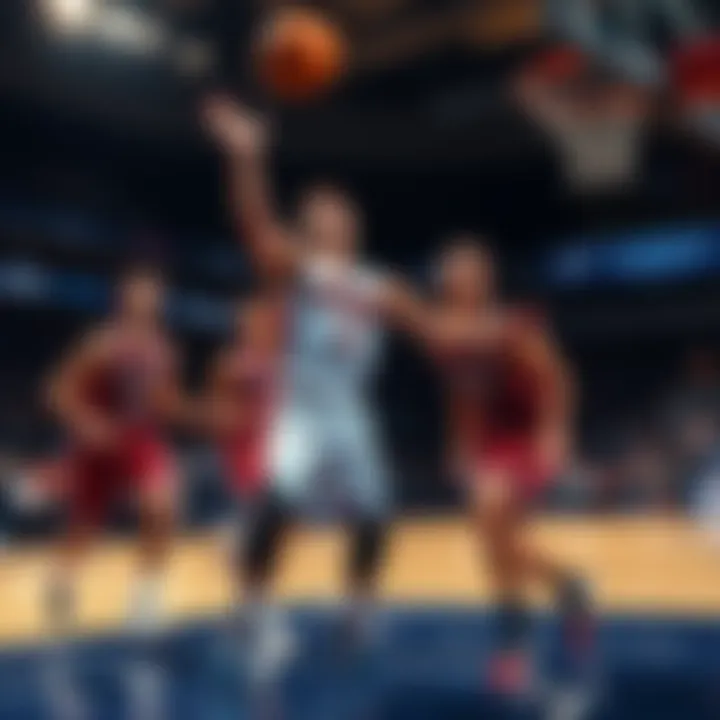 Pistons player struggling for a rebound A Detroit Pistons player reaching for a basketball while opponents are around him, showing frustration during a game.