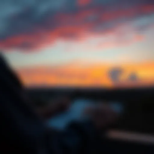 A person looking at a sunset while writing in a planner, symbolizing future planning.