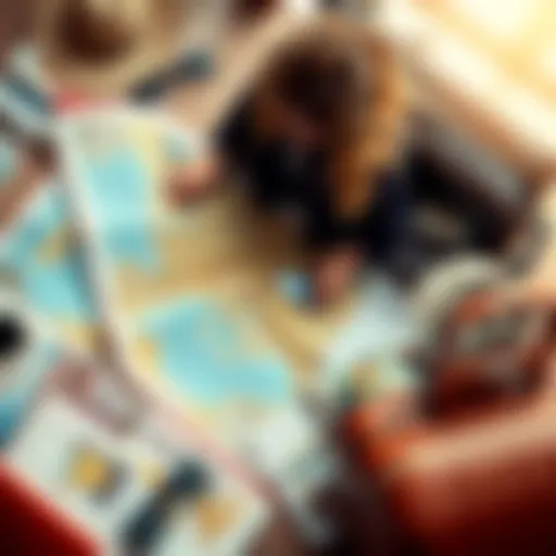 A person looking at a map while surrounded by travel guides and a suitcase, preparing for vacation.