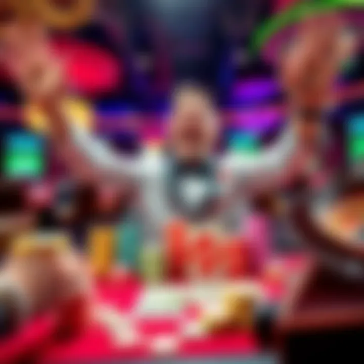 A joyful gambler celebrating a big win at a casino table with colorful chips and cash around.