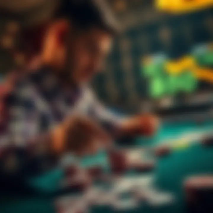 A person analyzing strategies and odds for a $50 game at a table with chips and cards