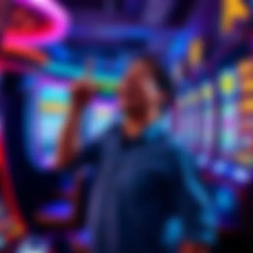 A happy player celebrating a big win at a slot machine in a casino