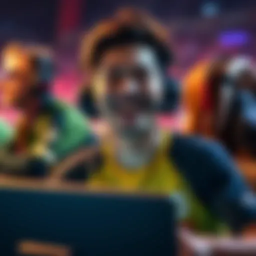 A player smiles joyfully after defeating professional rivals in a gaming match, with excitement in the air.