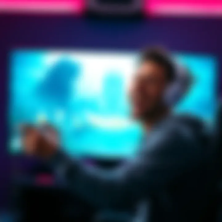 Player celebrates winning Atlantis game A gamer smiles joyfully after completing the challenging Atlantis game, with a video game console and game graphics visible in the background.