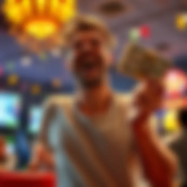 A joyful player holding cash after winning a large prize in a game, showcasing excitement and triumph.