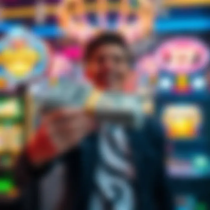 Player Celebrating Big Win A joyful person holding a stack of cash with a background showing casino lights and slots, symbolizing a big win in gambling.