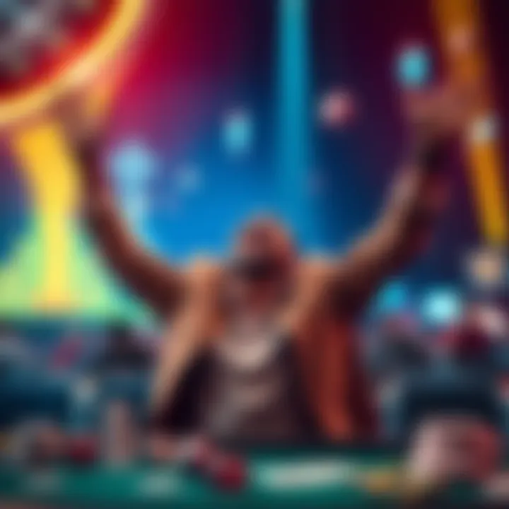 Player celebrating big win A player celebrating after a significant gambling win, showcasing excitement with arms raised and a smile, surrounded by gaming elements like dice and cards.