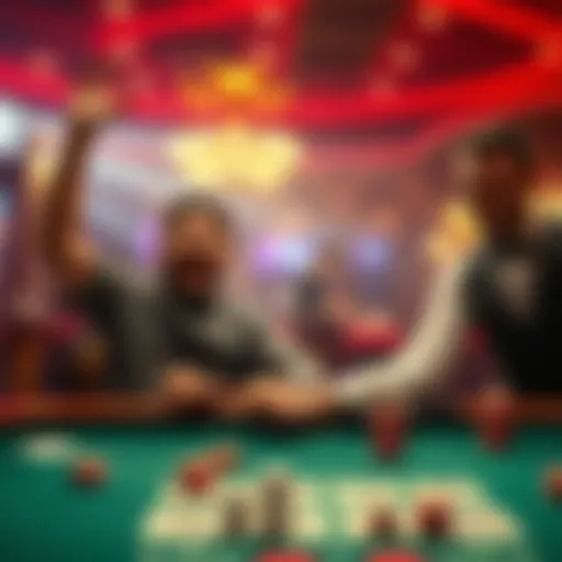 A player joyfully celebrating after hitting 21 at a casino table, while a dealer looks surprised