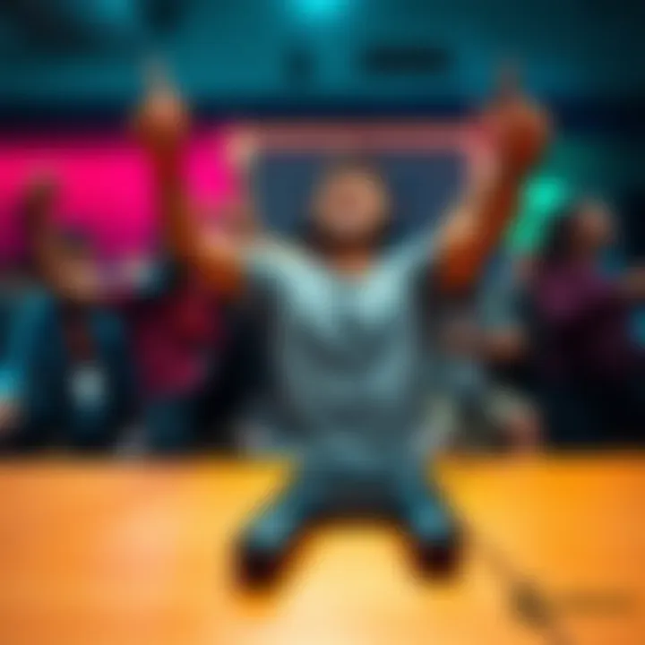 A player happily celebrating after achieving a significant game victory with friends in the background and a game console on the table.