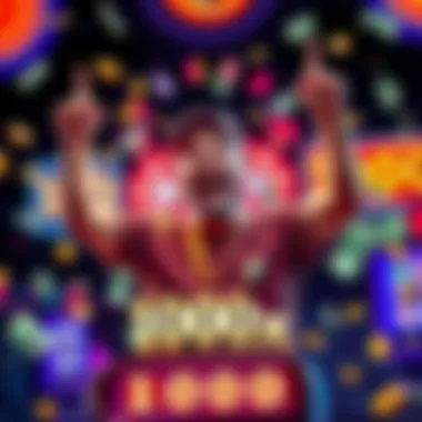 A joyful player celebrating a significant win in Plinko game, surrounded by graphics of cash and tips in Solana cryptocurrency, with a cheer of excitement