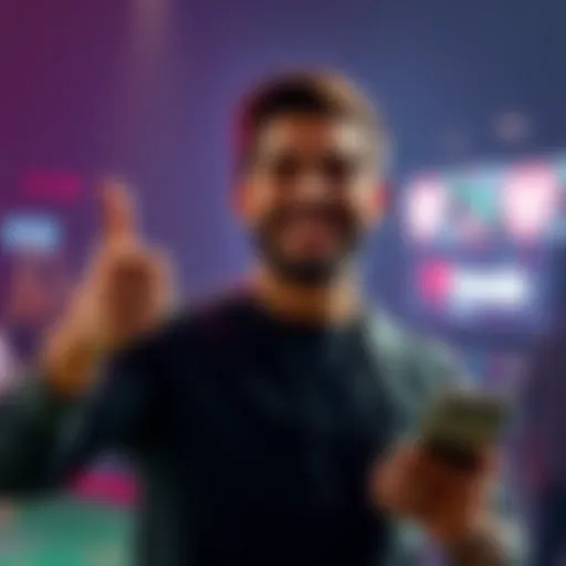 A person smiling and celebrating after successfully withdrawing money from an online betting site, showing a thumbs up gesture with a phone in hand.