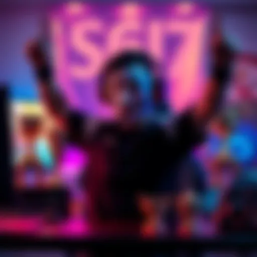 An anonymous player, wearing a headset, joyfully celebrating after securing second place in an online tournament, surrounded by gaming trophies and a computer setup.