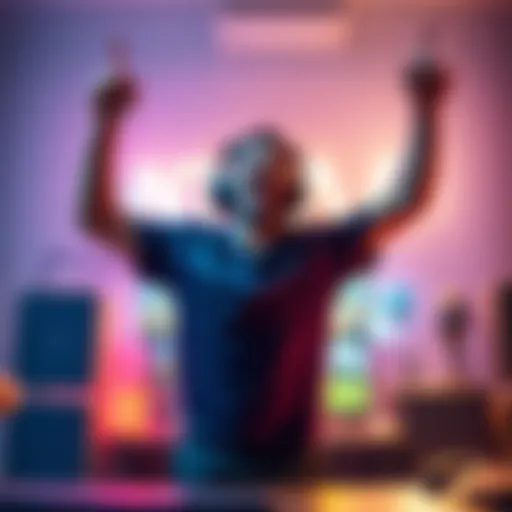 Player Celebrating a Game Win A gamer celebrating a victory with arms raised in excitement, surrounded by gaming equipment.