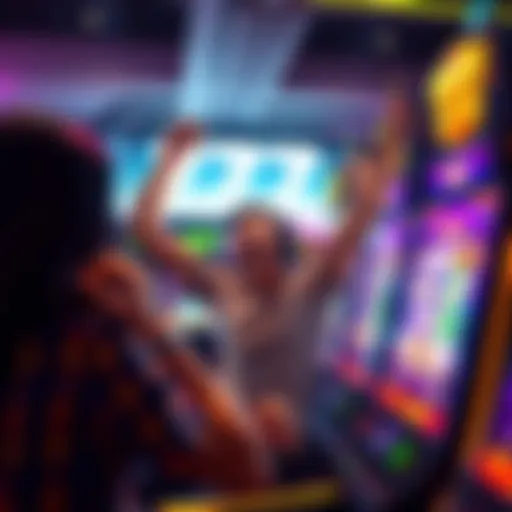 A excited player celebrating a $2k win while playing 777 Deluxe on a gaming machine with colorful graphics