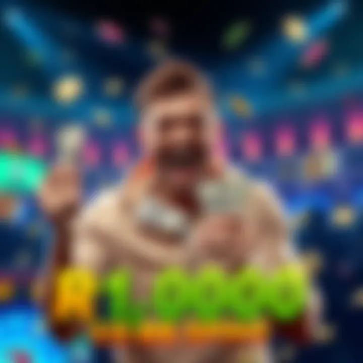 A cheerful player holding cash and celebrating a big win with free spins