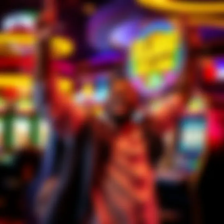 A player joyfully celebrating a $5,000 payout at Hollywood Casino in Detroit, with a slot machine in the background.
