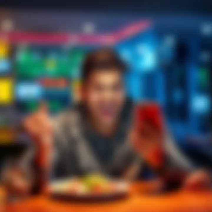 A person with a big smile looking at their phone, showing excitement over a recent game win. They are sitting at a table with a lunch plate nearby.