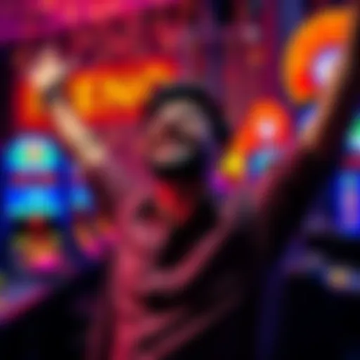 A player happily celebrating after winning a large sum at a keno game, surrounded by colorful lights and signs of excitement.
