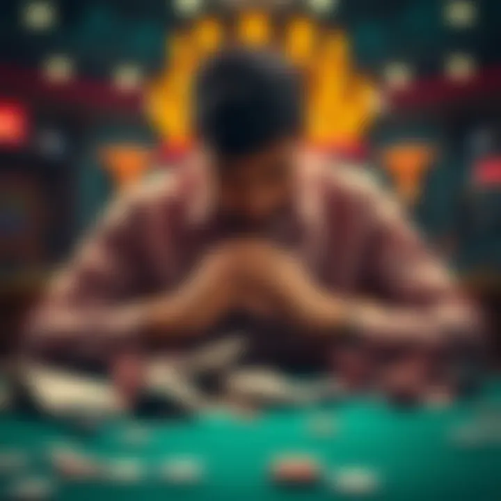 Player Counting Winnings A disappointed gambler looks at a table with losing betting slips and chips scattered around, showing frustration after a big bet.