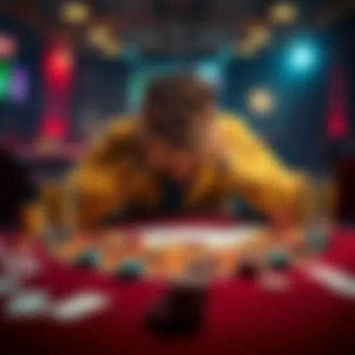 A person sitting at a table with their head in their hands, surrounded by playing cards and empty drink glasses, showing signs of financial stress after losing money in gambling.