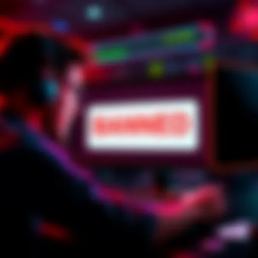 A frustrated player looking at their computer screen with a message about being banned from a betting site, surrounded by poker chips and cards