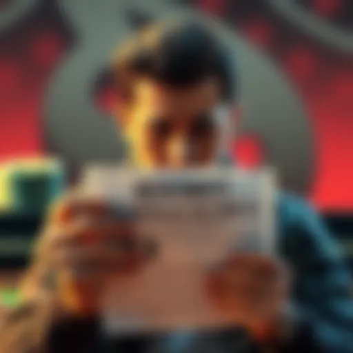 A man looking disappointed while holding a notice about a denied $3 million prize from Roobet, with gambling chips in the background.