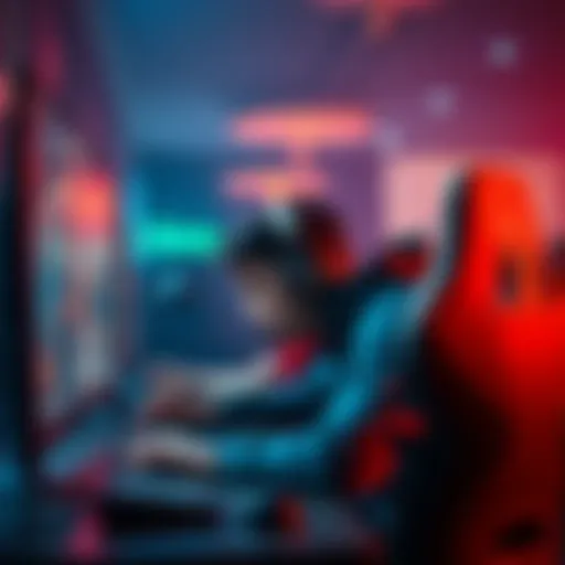 A focused gamer sitting at a computer, experiencing a challenging moment in a competitive game, determined to improve their rank in Platinum IV
