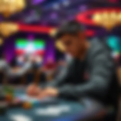 A focused poker player at a tournament table, reviewing notes and strategies for the next round