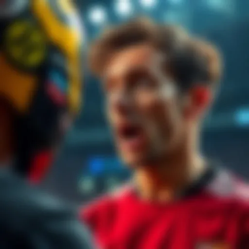 Player reacting to intense gaze A player with a surprised expression, facing an intense gaze from an opponent during a match