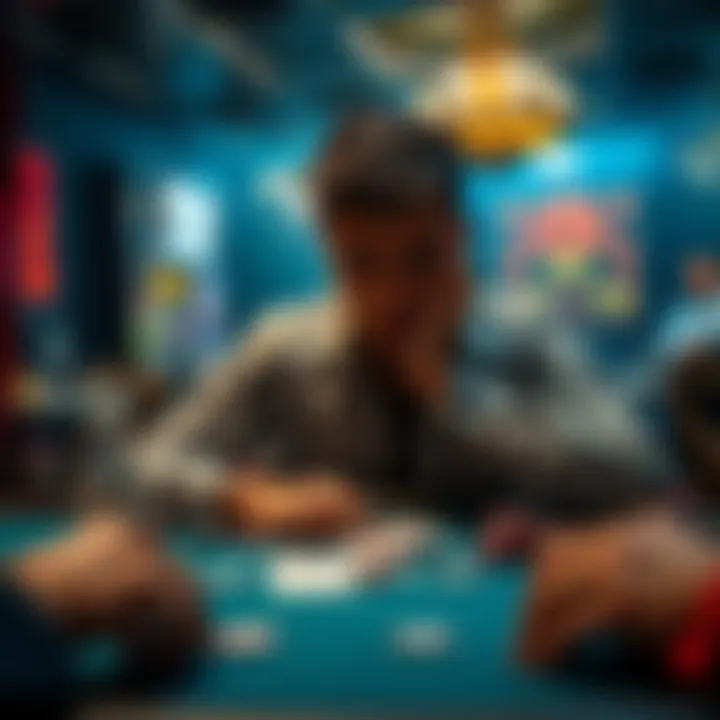 Player Reflects on Card Room Experience A frustrated player sitting at a card table with a deck of cards and chips, contemplating their recent losses in a new game environment.